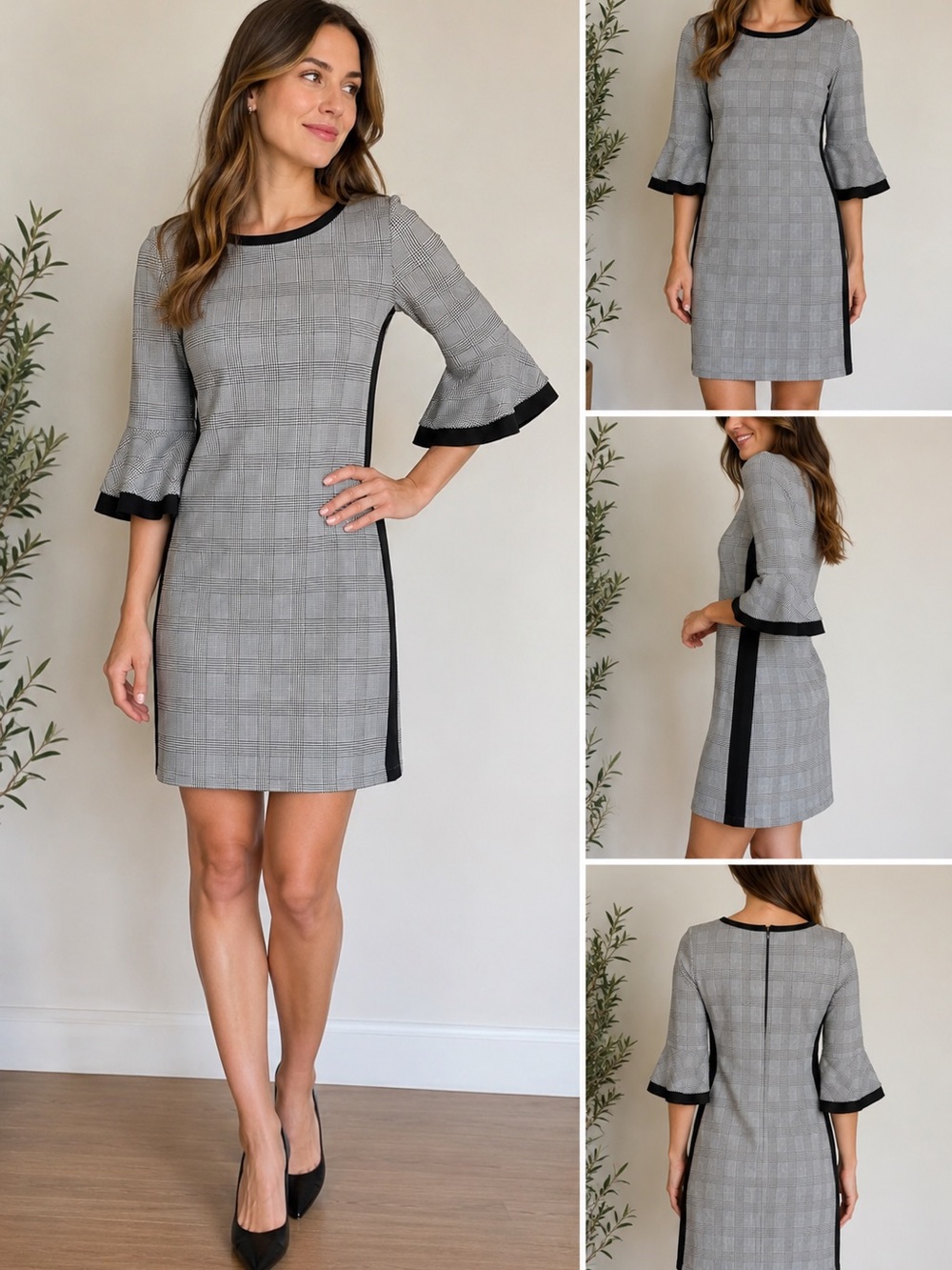 Three Dots Women's XS Plaid Bell Sleeve‎ Shift Dress Black White Career